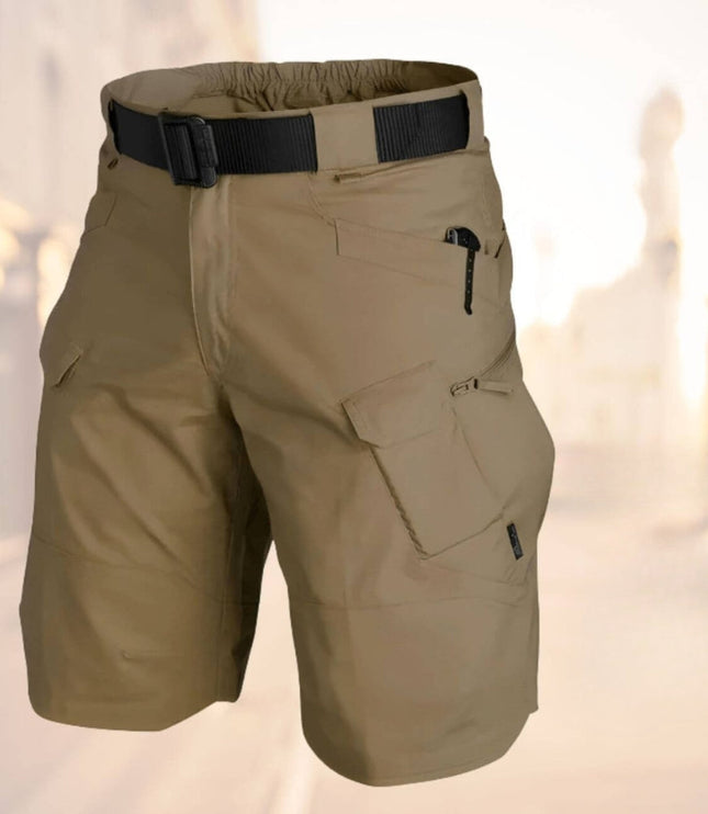 Khaki cargo shorts with black belt and multiple functional storage pockets