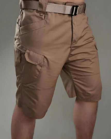 Tan cargo shorts with adjustable webbing belt and multiple zip pockets