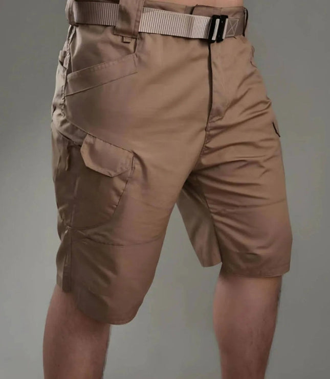 Tan cargo shorts with adjustable webbing belt and multiple zip pockets