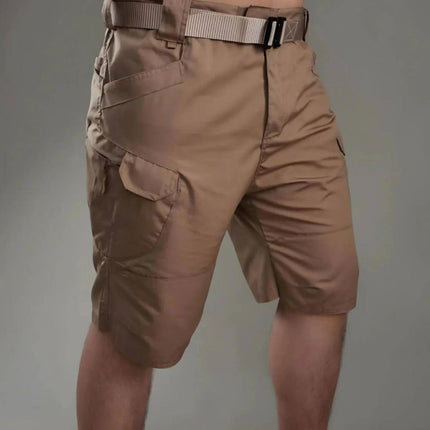 Tan cargo shorts with adjustable webbing belt and multiple zip pockets