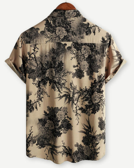 Chemise beige à manches courtes avec imprimé floral et boutons pour homme, été