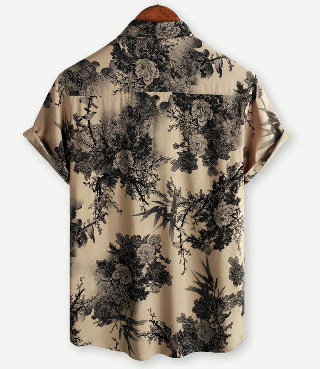 Chemise beige à manches courtes avec imprimé floral et boutons pour homme, été