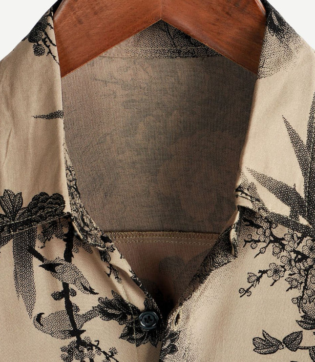 Chemise beige à manches courtes avec imprimé floral et boutons pour homme, été