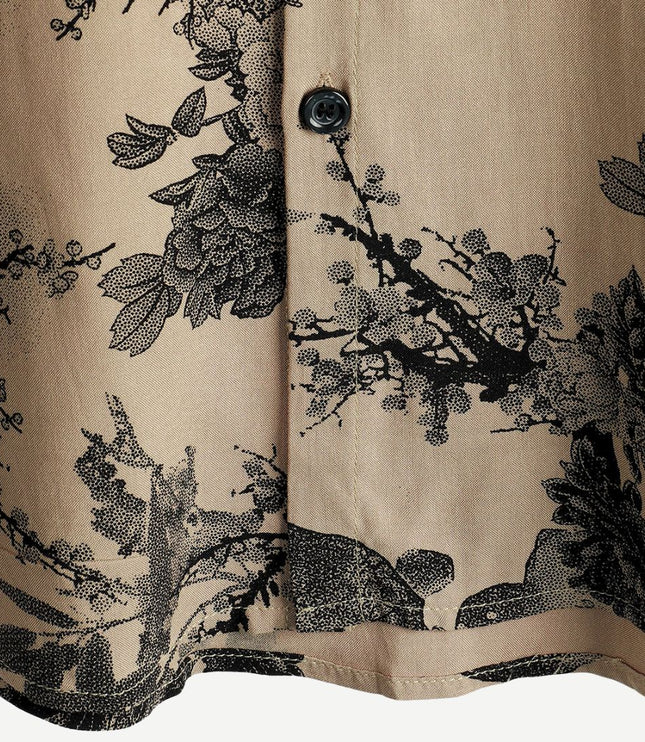 Chemise beige à manches courtes avec imprimé floral et boutons pour homme, été