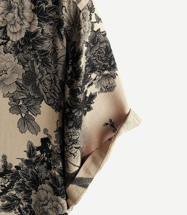 Chemise beige à manches courtes avec imprimé floral et boutons pour homme, été