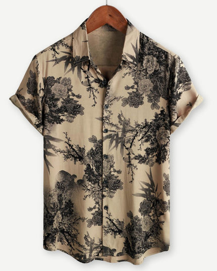 Chemise beige à manches courtes avec imprimé floral et boutons pour homme, été