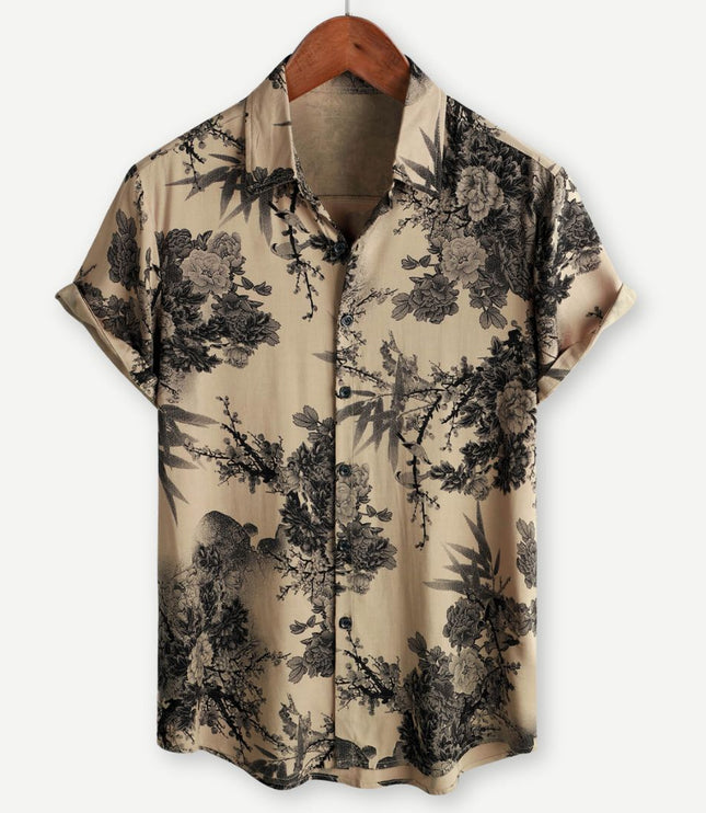 Chemise beige à manches courtes avec imprimé floral et boutons pour homme, été
