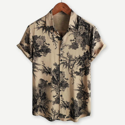 Chemise beige à manches courtes avec imprimé floral et boutons pour homme, été