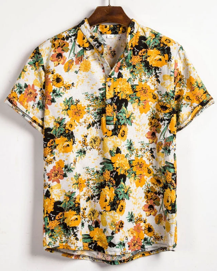 Chemise d'été pour homme à manches courtes avec col mandarin et imprimé floral bleu