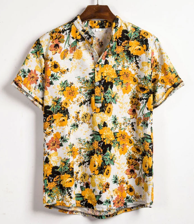 Chemise d'été pour homme à manches courtes avec col mandarin et imprimé floral bleu