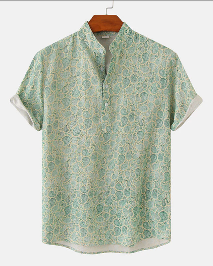 Chemise d'été pour homme à manches courtes avec col mandarin et imprimé floral bleu