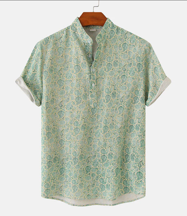 Chemise d'été pour homme à manches courtes avec col mandarin et imprimé floral bleu