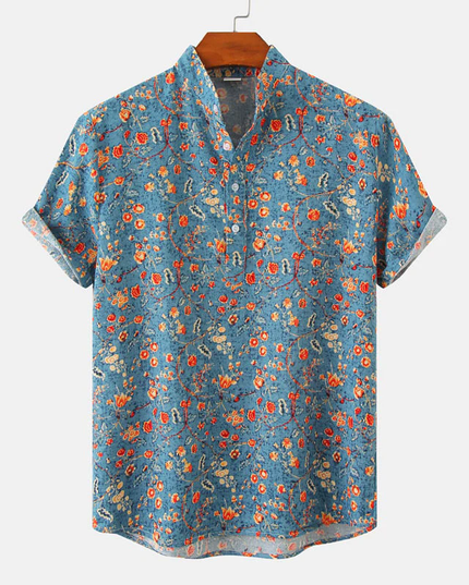 Chemise d'été pour homme à manches courtes avec col mandarin et imprimé floral bleu