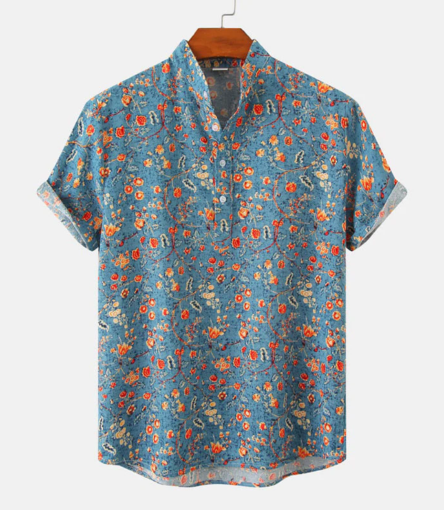 Chemise d'été pour homme à manches courtes avec col mandarin et imprimé floral bleu
