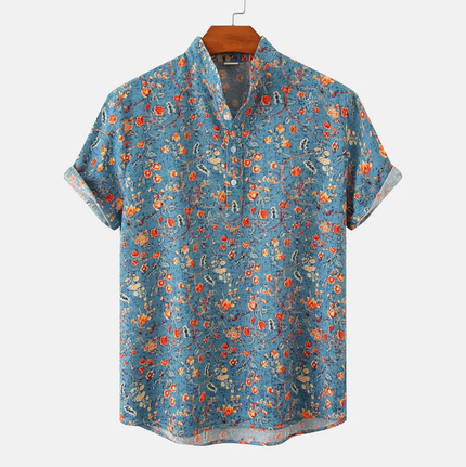 Chemise d'été pour homme à manches courtes avec col mandarin et imprimé floral bleu
