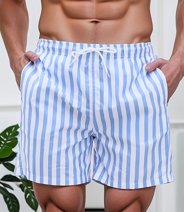Bañador de verano para hombre con rayas azul y blanco, secado rápido y cordón