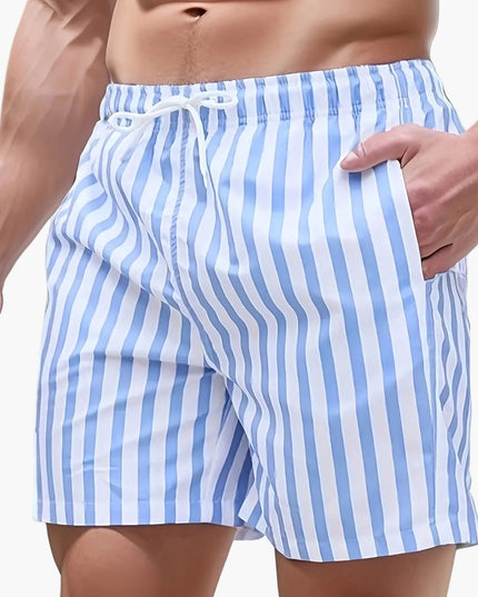 Men's Summer Blue White Striped Swim Shorts Quick Dry Drawstring