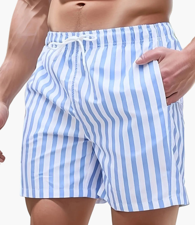 Bañador de verano para hombre con rayas azul y blanco, secado rápido y cordón