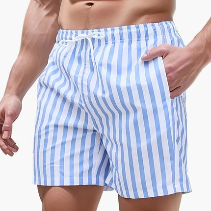 Bañador de verano para hombre con rayas azul y blanco, secado rápido y cordón