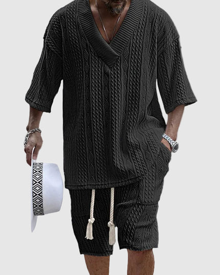 Ensemble chemise à col en V en maille torsadée et shorts pour homme, été