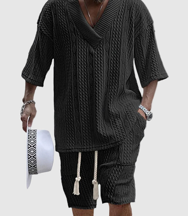 Ensemble chemise à col en V en maille torsadée et shorts pour homme, été