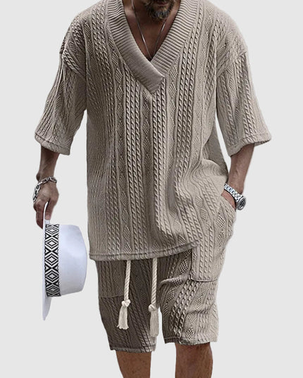 Ensemble chemise à col en V en maille torsadée et shorts pour homme, été