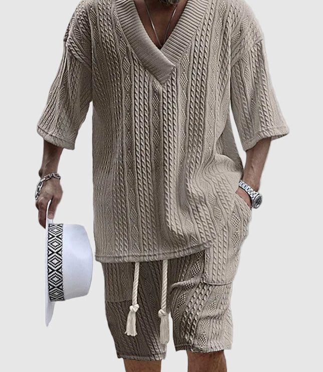 Ensemble chemise à col en V en maille torsadée et shorts pour homme, été