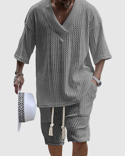 Ensemble chemise à col en V en maille torsadée et shorts pour homme, été