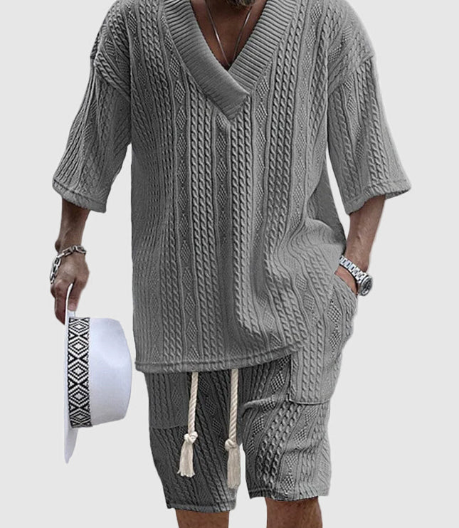 Ensemble chemise à col en V en maille torsadée et shorts pour homme, été