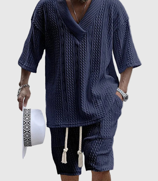 Ensemble chemise à col en V en maille torsadée et shorts pour homme, été