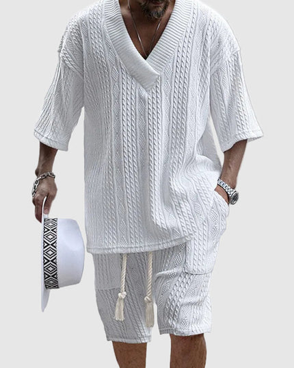 Ensemble chemise à col en V en maille torsadée et shorts pour homme, été