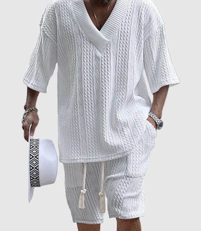 Ensemble chemise à col en V en maille torsadée et shorts pour homme, été