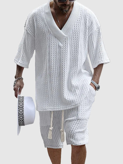 Ensemble chemise à col en V en maille torsadée et shorts pour homme, été