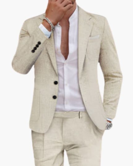 Cream cotton summer suit with tailored straight-leg pants and button cuff sleeves