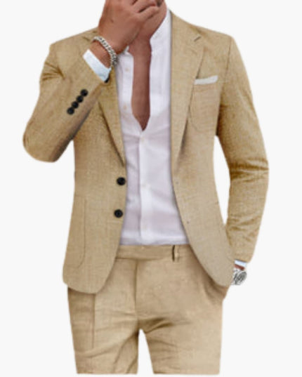 Tan lightweight cotton formal blazer suit with notch lapel and matching tailored pants