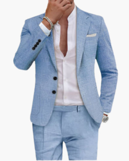 Light blue summer cotton blazer suit with long sleeves and straight-leg tailored pants