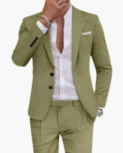 Sage green cotton summer blazer suit with single-breasted two-button front for men