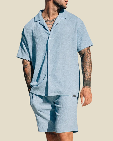 Conjunto de verano para hombre, dos piezas, camisa de manga corta con cuello campestre arrugado y pantalones cortos
