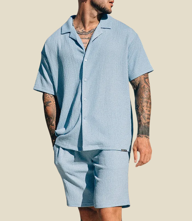 Conjunto de verano para hombre, dos piezas, camisa de manga corta con cuello campestre arrugado y pantalones cortos