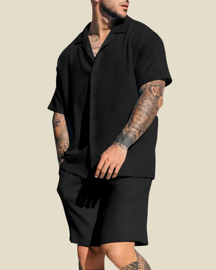 Conjunto de verano para hombre, dos piezas, camisa de manga corta con cuello campestre arrugado y pantalones cortos