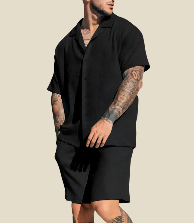 Conjunto de verano para hombre, dos piezas, camisa de manga corta con cuello campestre arrugado y pantalones cortos