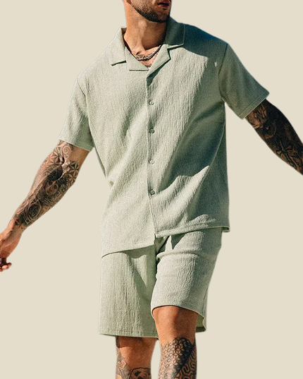 Conjunto de verano para hombre, dos piezas, camisa de manga corta con cuello campestre arrugado y pantalones cortos