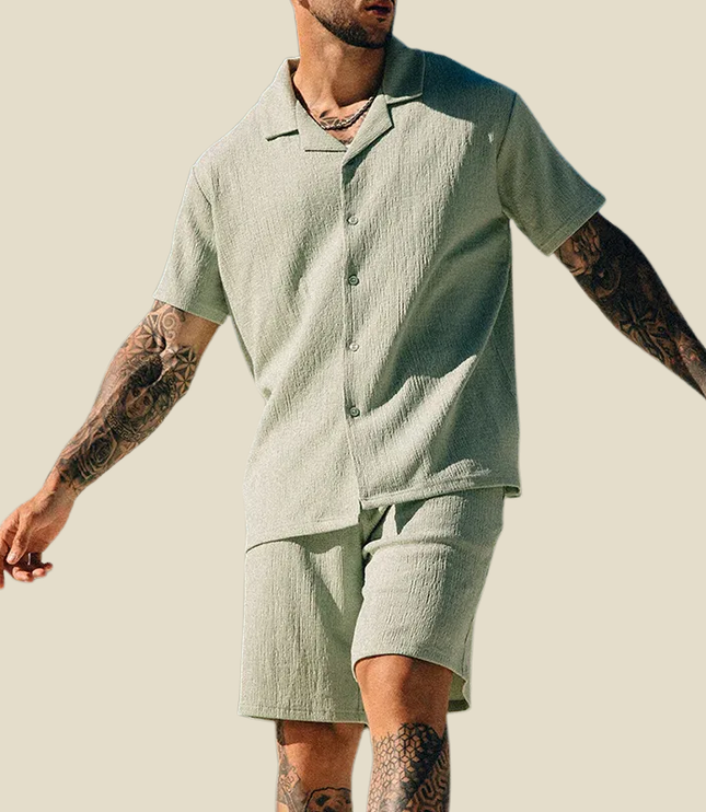 Conjunto de verano para hombre, dos piezas, camisa de manga corta con cuello campestre arrugado y pantalones cortos