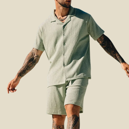 Conjunto de verano para hombre, dos piezas, camisa de manga corta con cuello campestre arrugado y pantalones cortos