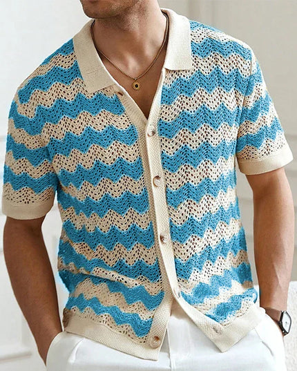 Chemise en maille crochet à manches courtes et boutons pour homme, été