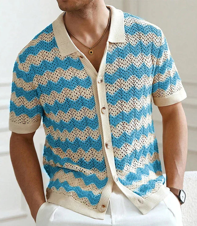 Chemise en maille crochet à manches courtes et boutons pour homme, été