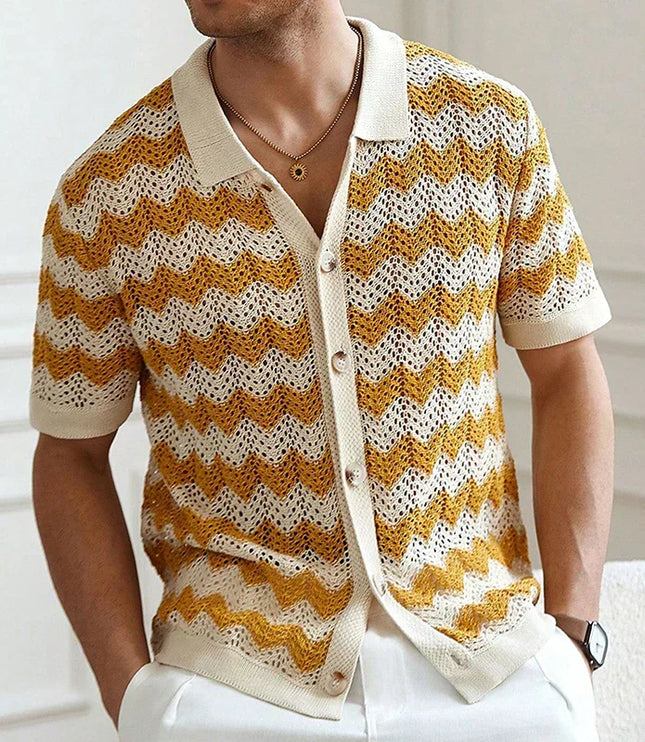 Chemise en maille crochet à manches courtes et boutons pour homme, été