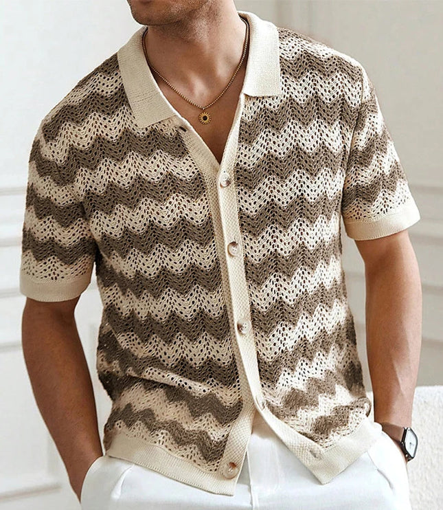 Chemise en maille crochet à manches courtes et boutons pour homme, été