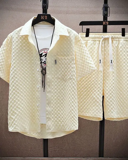 Ensemble d'été pour homme en deux pièces avec chemise à manches courtes en jacquard diamant et short
