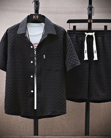 Ensemble d'été pour homme en deux pièces avec chemise à manches courtes en jacquard diamant et short